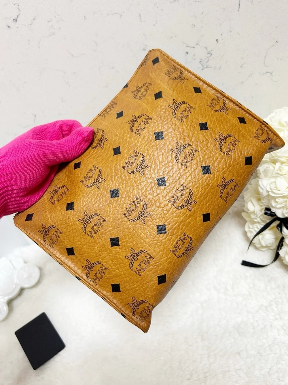 Authentic MCM Cognac Classic Monogram XL Cosmetic Bag / Clutch
